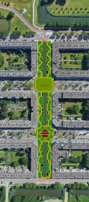 Top-down plan render of a street converted into a canal with green banks, gardens and gathering spaces at the intersections.
