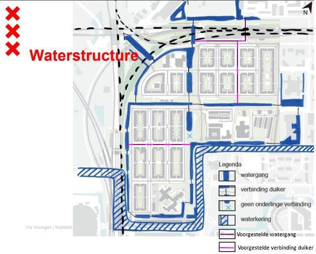 Map of Venserpolder showing existing waterways in blue and the proposed new canals and culvert connections in pink.